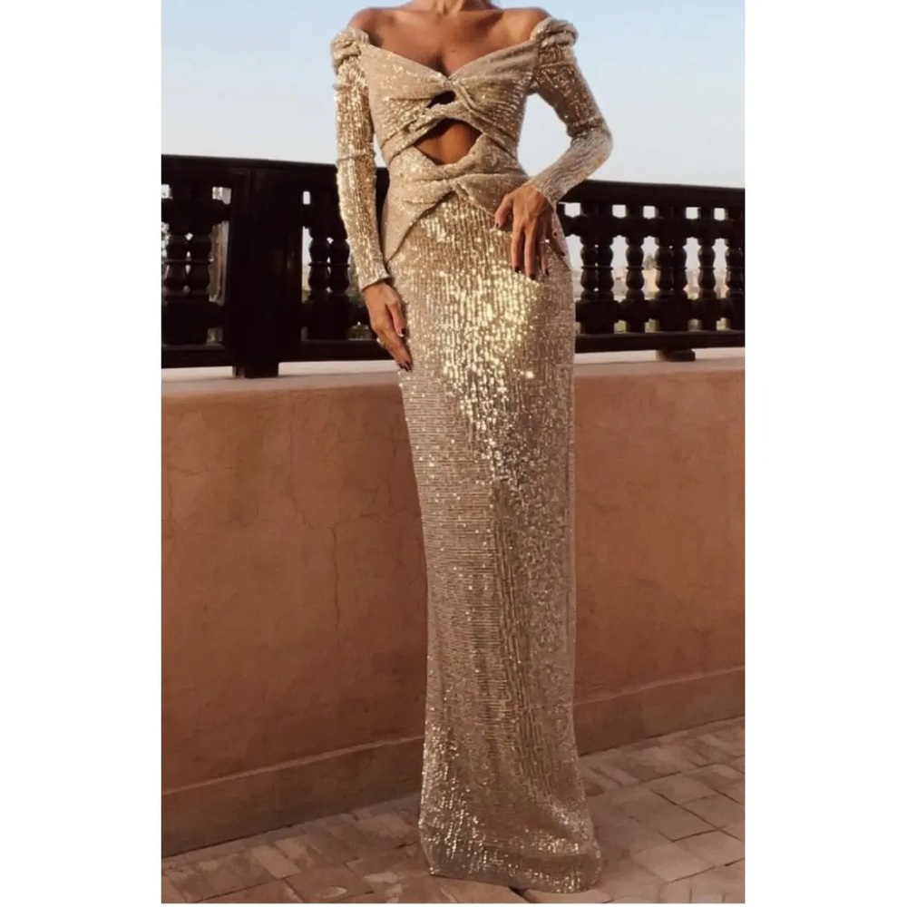 NWT Altuzarra Gold Long Sleeve Dress Gown Sequin 38